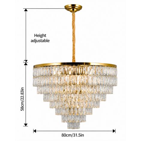 Grand lustre suspension cascade doré 80 cm en cristal, luminaire design luxe E14 x17 réglable pour salon salle à manger hall