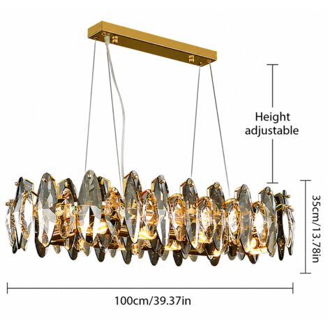 Lustre suspension rectangulaire doré 100 cm en cristal, luminaire design luxe E14 x10 réglable pour salle à manger salon cuisine