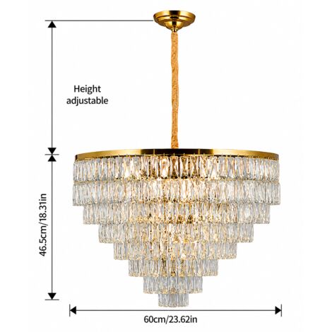Lustre suspension cascade doré 60 cm en cristal, luminaire design luxe E14 x11 réglable pour salon salle à manger chambre
