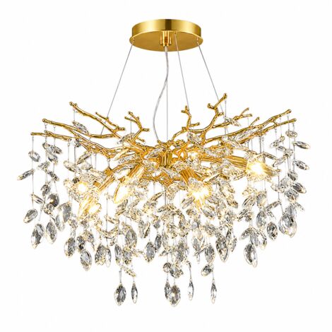 Lustre suspension doré 60 cm en cristal K9 et métal, luminaire plafond E14 réglable 150 cm pour salon salle à manger