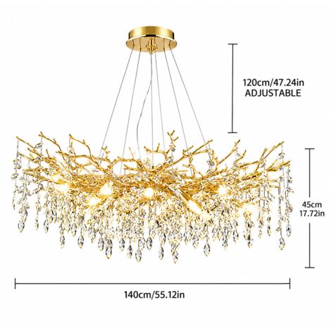Lustre XXL en Cristal K9 140 cm, Grande Suspension Dorée Style Branches et Feuilles de Cristal, Luminaire Artistique de Luxe à Hauteur Réglable 120 cm, Métal Électroplaqué, Douille E14 pour Salon, Sal