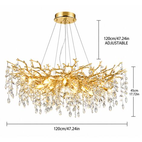 Grand Lustre Artistique en Cristal K9 120 cm, Suspension Dorée Style Branches et Feuilles de Cristal, Luminaire de Luxe XXL à Hauteur Réglable 120 cm, Métal Électroplaqué, Douille E14 pour Salon, Sall