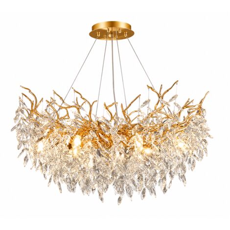 Lustre suspendu doré 45 cm en métal et cristal, suspension réglable 150 cm, lampe E14 pour salon salle à manger