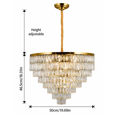 Lustre suspension cascade doré 50 cm en cristal, luminaire design luxe E14 x7 réglable pour salon salle à manger chambre entrée
