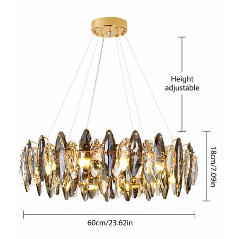 Lustre Artistique en Cristal 60 cm, Suspension Dorée Style Plumes et Feuilles de Cristal, Luminaire de Luxe à Hauteur Réglable, Métal & Cristal, 9 Douilles E14 pour Salon, Salle à Manger, Chambre
