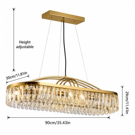 Lustre suspension rectangulaire doré 90 cm en cristal, luminaire design luxe E14 x8 réglable pour salle à manger îlot cuisine salon