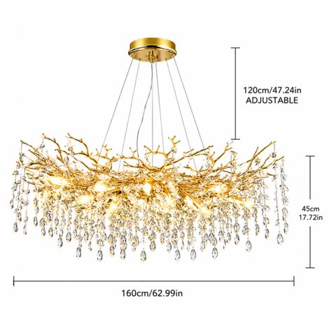 Très grand lustre suspension doré 160 cm en cristal K9, luminaire design luxe E14 réglable 120 cm pour salon salle à manger hall