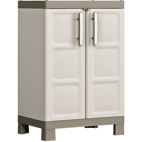 Keter – Armoire de rangement basse 97 cm – Polypropylène beige et taupe – 2 étagères réglables – Portes verrouillables avec poignées ergonomiques – Capacité 15 kg par étagère (1/7)
