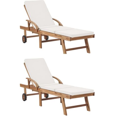 Chaises longues avec coussins 2 pcs Bois de teck solide Crème vidaXL (1/5)