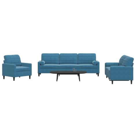 vidaXL Ensemble de canapés 3pcs et coussins et traversins bleu velours (1/5)