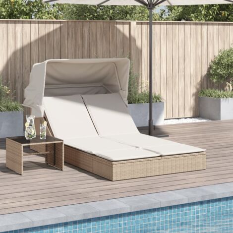 Vidaxl – Chaise longue double avec auvent rétractable – Coussins épais lavables – Résine tressée beige – Dimensions 108 x 236 x 102 cm