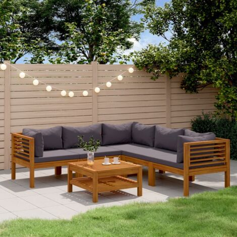 Vidaxl – Salon de jardin 6 places en bois d'acacia massif – Coussins gris foncé amovibles – Table basse 65x65cm – Résistant aux intempéries