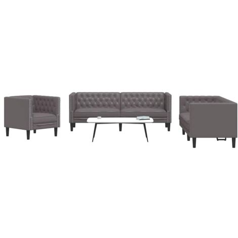 vidaXL Ensemble de canapé Chesterfield 3 pcs gris similicuir (1/5)