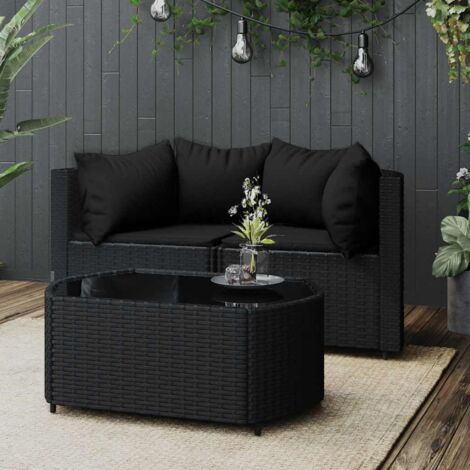 Vidaxl – Salon de jardin 3 pcs avec coussins noirs – Résine tressée résistante aux intempéries – Canapés d'angle et table basse en verre trempé (1/6)