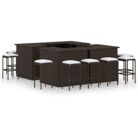 vidaXL Meuble de bar de jardin 16pcs et coussins Résine tressée Marron