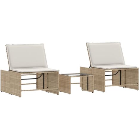 Chaises longues 2 pièces avec table en résine tressée beige vidaXL