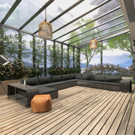 Vidaxl – Salon de jardin 11 pcs en résine tressée grise – Coussins épais 6 cm – Canapés modulables avec 2 tables d'appoint – Résistant aux intempéries (1/5)