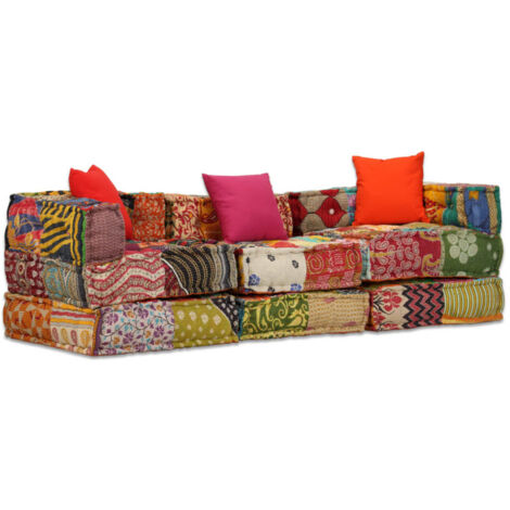 Vidaxl – Pouf modulaire 3 places patchwork en tissu coton – Conception unique – Rembourrage épais pour confort – Idéal pour intérieur et extérieur