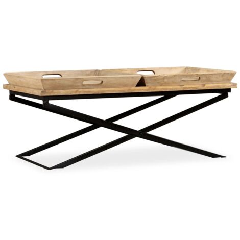 Vidaxl – Table basse industrielle en bois de manguier massif 110x55x42 cm – Pieds en acier peint – 2 plateaux amovibles pour rangement (1/7)