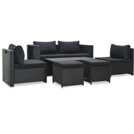 Minkurow – Salon de jardin 6 pcs – Résine tressée noire – Coussins confortables – Empilable – Table 100x48cm – Canapés d'angle et repose-pieds