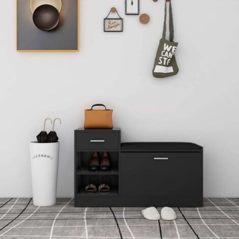 Vidaxl – Banc d'entrée à chaussures noir brillant 94,5x31x57 cm – Aggloméré avec siège en similicuir – Rangement pratique pour couloir (1/6)