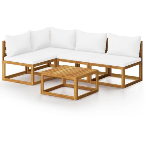 Vidaxl – Salon de jardin 5 pcs avec coussins crème – Bois d'acacia massif – Résistant aux intempéries – Table basse 68x68cm – Conception modulaire (1/7)