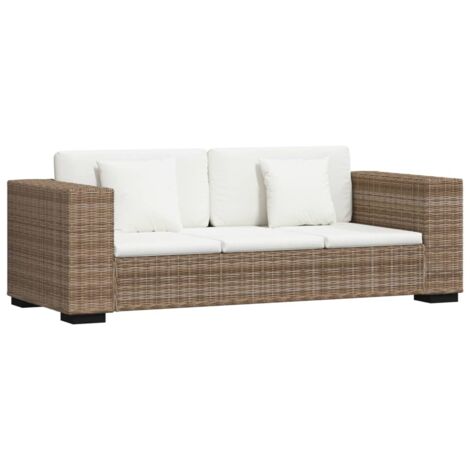 Vidaxl – Canapé de jardin 3 places en rotin naturel – Dimensions 200x80x61 cm – Coussins amovibles en lin crème – Cadre en bois durable (1/8)