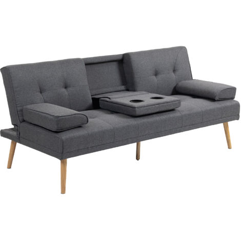 Canapé convertible 3 places, canapé-lit rembourré avec dossier réglable 3 niveaux, 2 coussins et 2 porte-gobelets intégrés, tissu de lin, pour salon, chambre d'amis, petit espace, gris foncé (1/5)