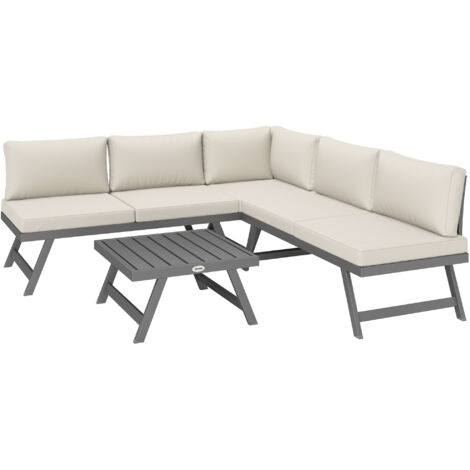 Ensemble salon de jardin d'angle et convertible 4 pièces avec 2 banquettes, 1 fauteuil d'angle et 1 table basse (1/5)