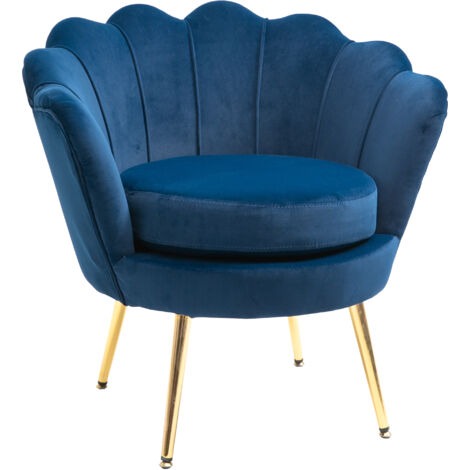 Fauteuil salon fauteuil en velours fauteuil coquillage avec pieds en métal doré pour chambre à coucher, bleu (1/5)