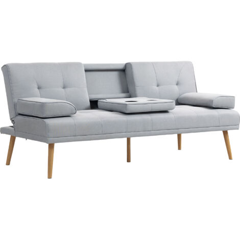 Canapé convertible 3 places, canapé-lit rembourré avec dossier réglable 3 niveaux, 2 coussins et 2 porte-gobelets intégrés, tissu de lin, pour salon, chambre d'amis, petit espace, gris clair (1/5)