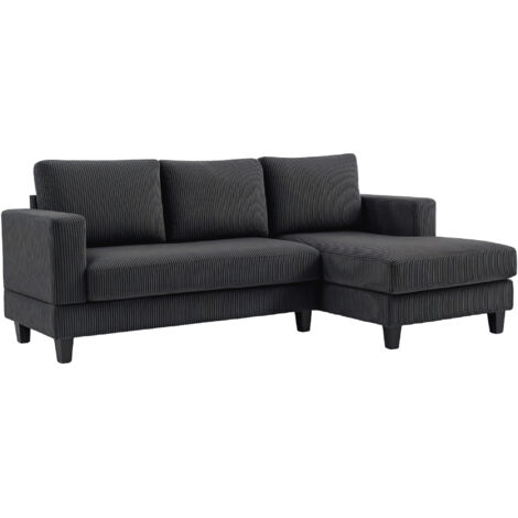 Canapé d'angle en velours côtelé 3 places avec méridienne et coussin à ressorts épais, largeur 214 cm, gris foncé (1/5)