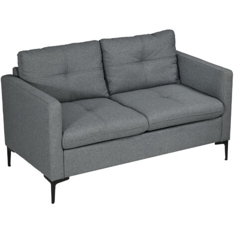 Canapé 2 places contemporain piètement métal noir tissu aspect lin gris foncé (1/5)