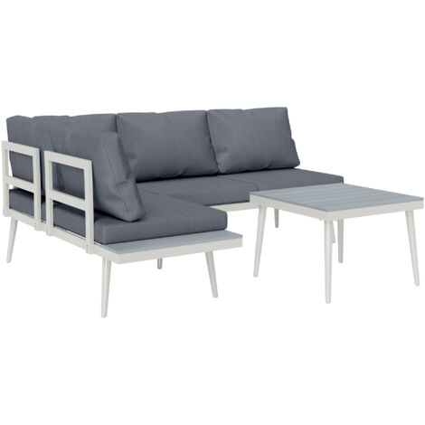Salon de jardin 3 pièces – Canapé d'angle modulable avec assise réglable, coussins confort, table effet bois – Gris (1/5)