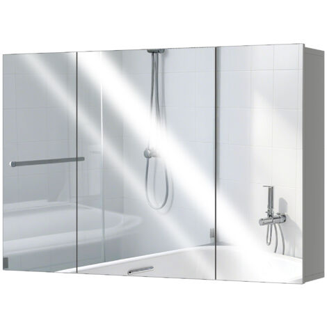 Armoire murale de salle de bain avec 3 portes miroir et étagères réglables en MDF Gris dim. 90L x 15l x 60H cm (1/5)