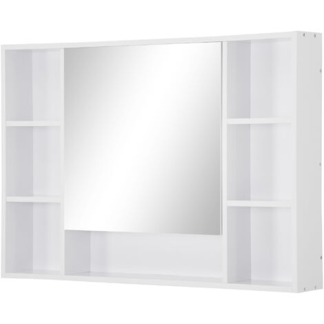 Armoire murale salle de bain avec miroir, meuble salle de bain, 7 étagères ouvertes et placard,100 x 15 x 70 cm, blanc (1/5)