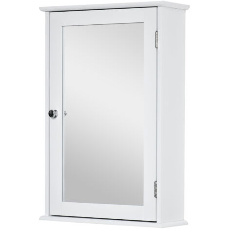 Armoire Murale de Salle de Bain avec Miroir - Armoire à Glace - Placard de Rangement Toilettes - 1 Porte, 2 étagères - Verre MDF Blanc (1/5)