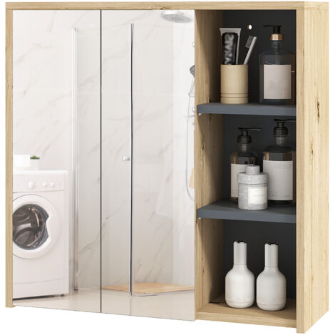 Armoire de salle de bain avec miroir armoire de toilette miroir mural 3 étagères ouverts 60 x 20 x 60 cm bois naturel (1/5)