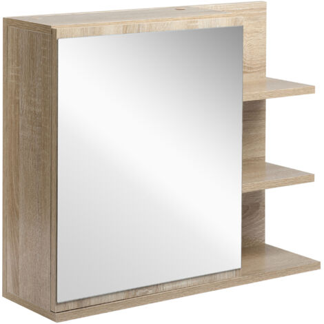 Armoire Miroir de Salle de Bain avec étagère - 3 étagères latérales - kit Installation Murale fourni - Panneaux Particules Aspect chêne Clair (1/5)