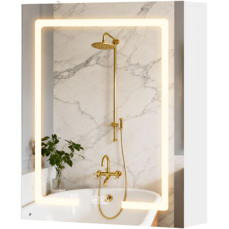 Armoire murale salle de bain avec miroir et éclairage LED, anti-buée, étagères réglables, 50 x 15 x 60 cm, blanc (1/5)