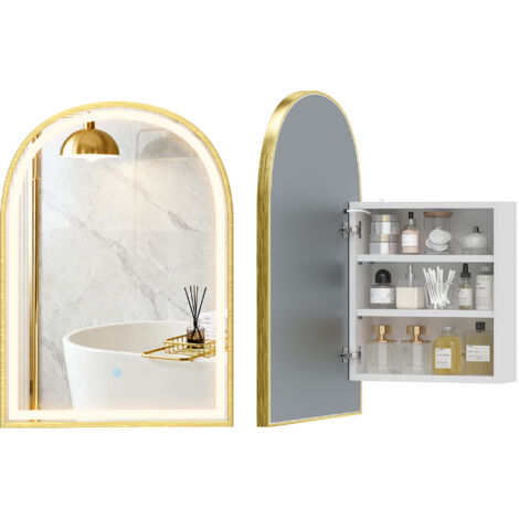 Armoire murale salle de bain avec miroir et éclairage LED, porte arquée, anti-buée, 50x14,5x70cm, doré (1/5)