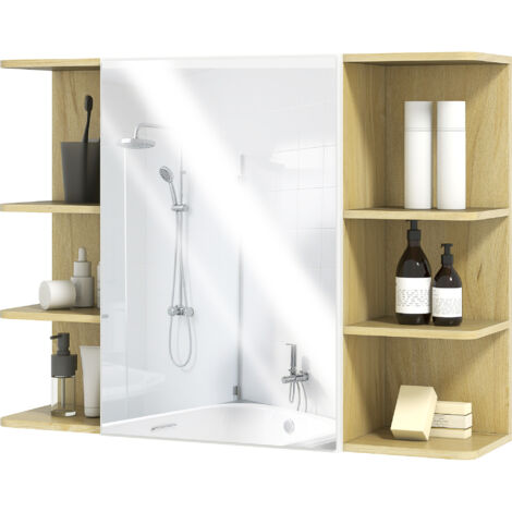 Armoire murale salle de bain avec miroir, meuble salle de bain avec étagères ouvertes, 80 x 20 x 59 cm, bois naturel (1/5)