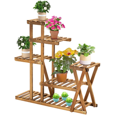 Étagère à Fleurs en Bois Supports de Pots Porte Plante Bois 6 tablettes - dim. 98L x 28l x 95H cm - Bois de Sapin traité carbonisation pour Intérieur Jardin Terrasse Balcon (1/5)