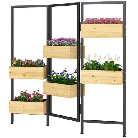 Séparateur de pièce avec 6 bacs, paravent extérieur pliable à 3 panneaux avec trou de drainage et doublure, bois naturel (1/5)