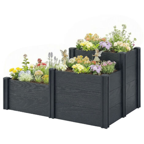 Jardinière surélevée, lit de jardin à 3 niveaux avec fond ouvert pour fleurs, légumes, 120 x 80 x 64 cm, effet bois gris (1/5)