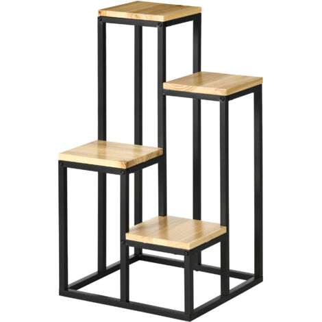 Étagère à plantes étagère à fleurs en métal et bois 4 niveaux de différentes hauteurs style industriel 34 x 34 x 66 cm (1/5)