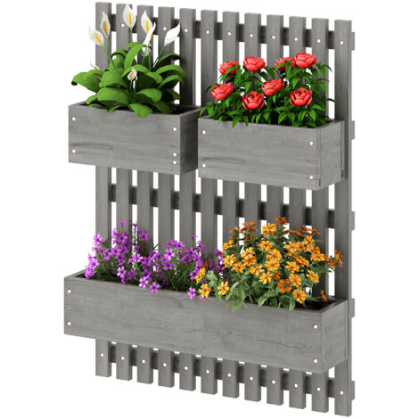 Jardinière murale potager avec 3 bacs en bois massif amovibles, tissu non tissé, 60 x 16 x 80 cm gris (1/5)