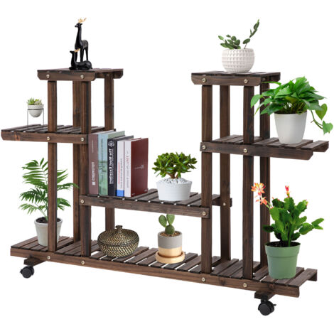 Étagère à fleurs support de plantes 6 niveaux à 4 roulettes bois massif 123,5 x 33 x 80 cm couleur carbonisée (1/5)
