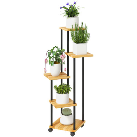 Support à plantes à 5 niveaux pour intérieur et extérieur, étagère plante avec 4 roues  en acier et bois bois naturel (1/5)