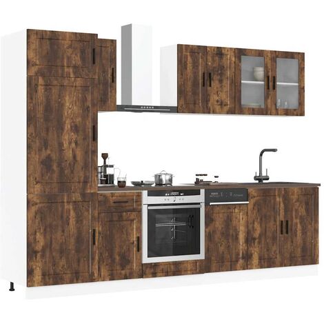 Vidaxl – Ensemble de 8 meubles de cuisine chêne fumé – 1 meuble bas pour évier 80x46x81,5cm – 1 meuble haut avec portes vitrées 80x31x60cm – Espace de rangement optimisé (1/5)